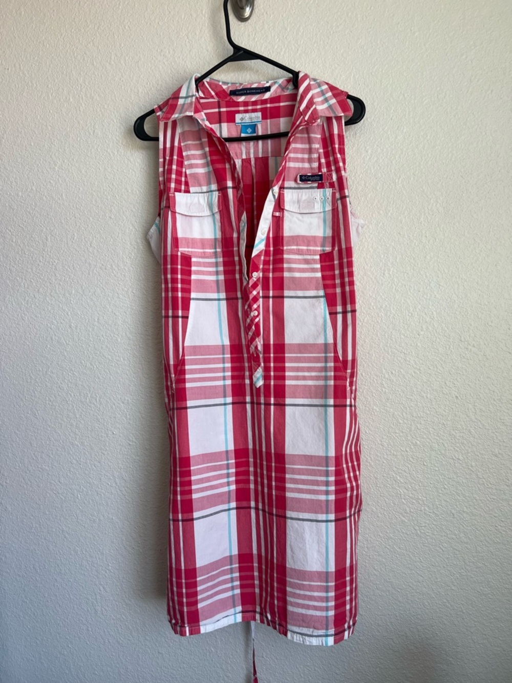 Columbia Red and White Plaid Sleeveless Shirt Dress